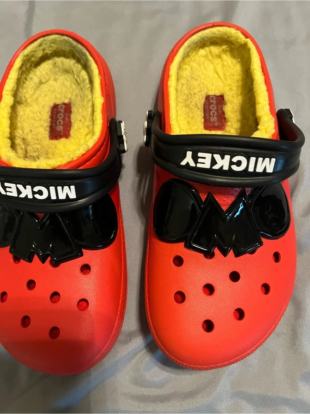 CROCS Kids Red Clog with Yellow Fleece Lining and Black Strap